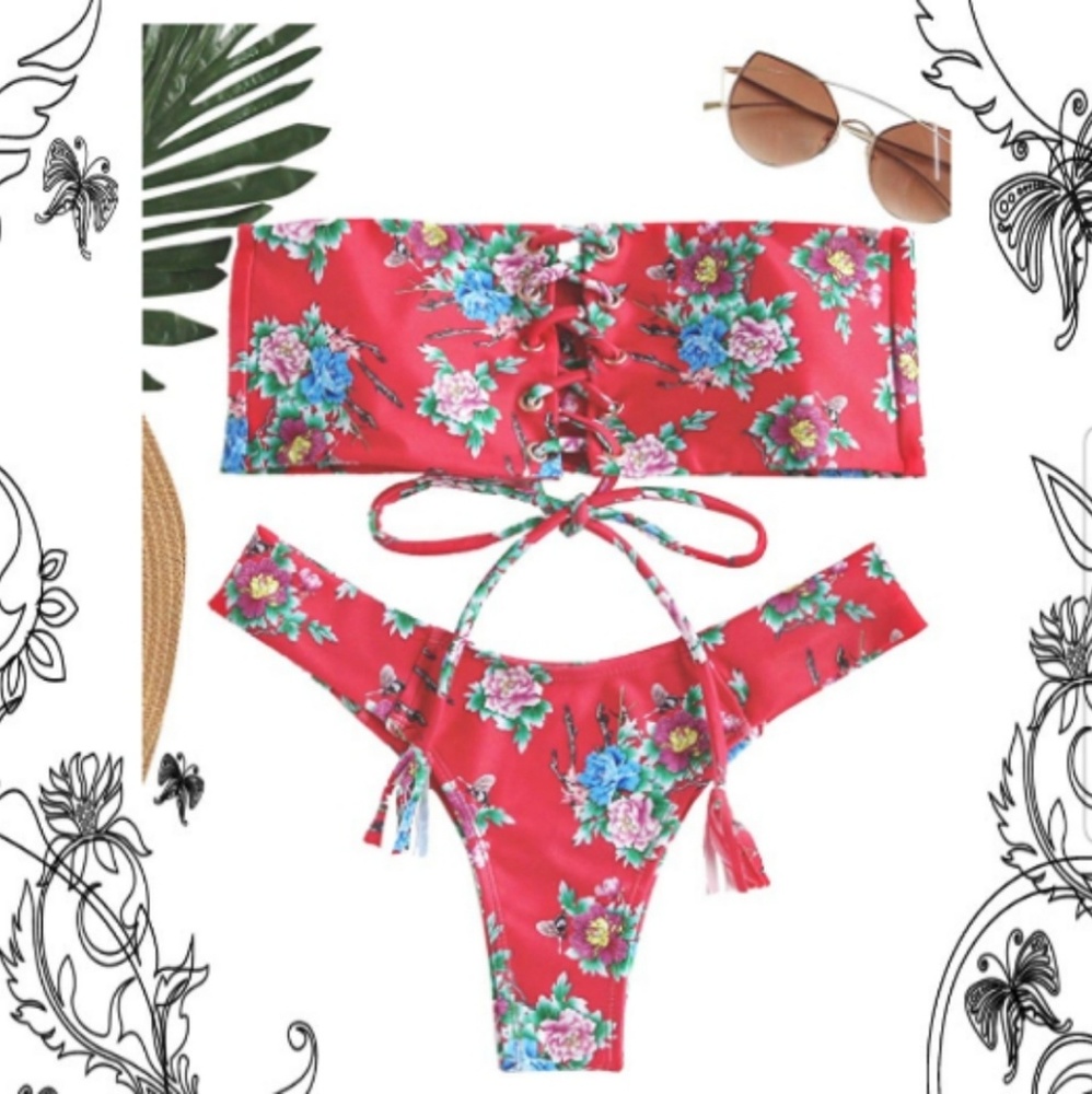 🆕️🌺Floral-Print Laced Up Bandeau Bikini🌺🆕️